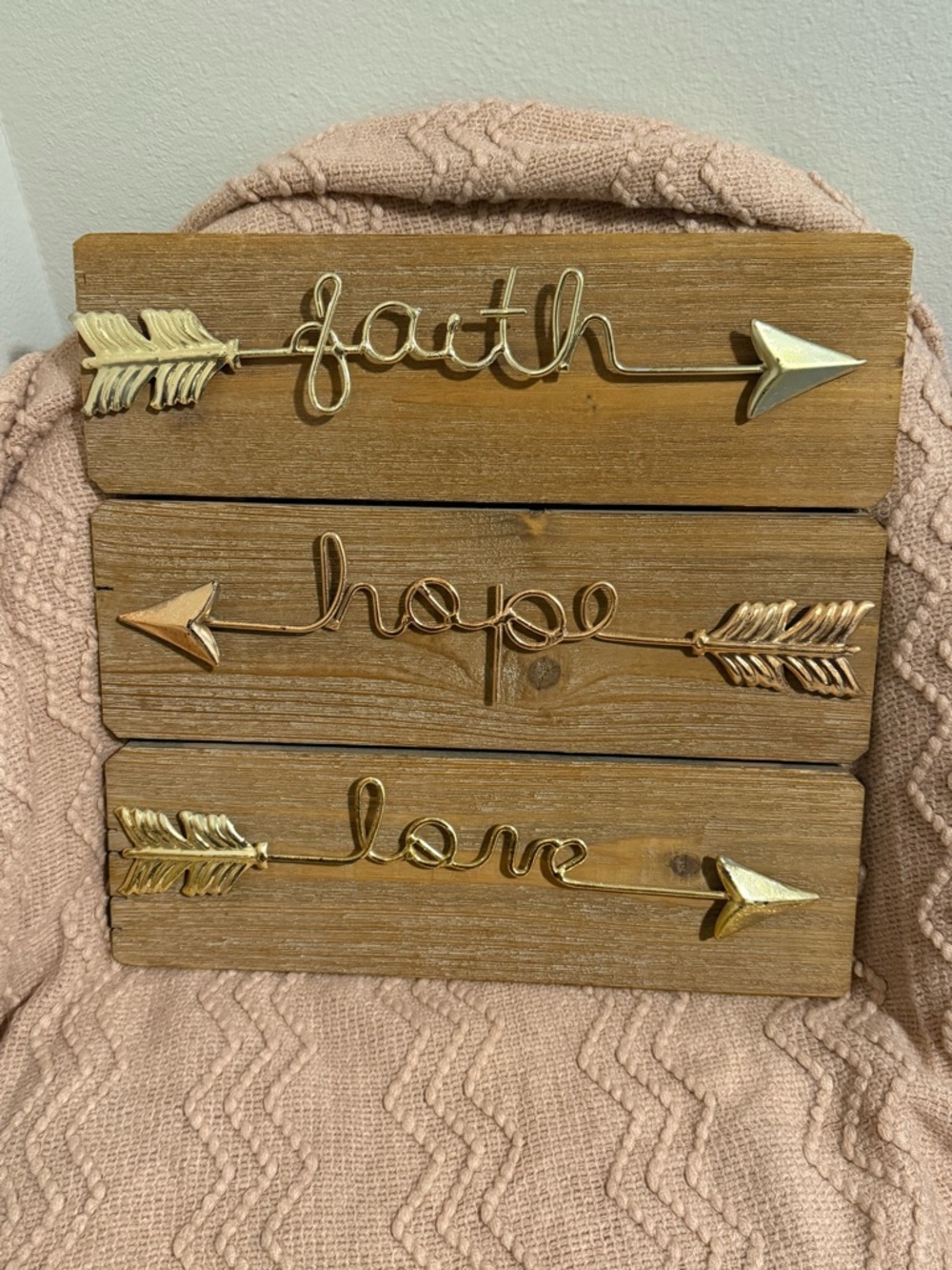 Faith Hope Love Gold Wall Decor - Rustic Wood Arrow Sign